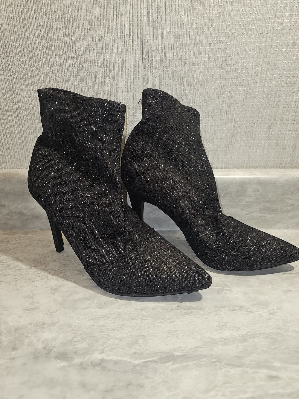Brash Black Sparkle Pointed Toe Stiletto Ankle Boots - S42